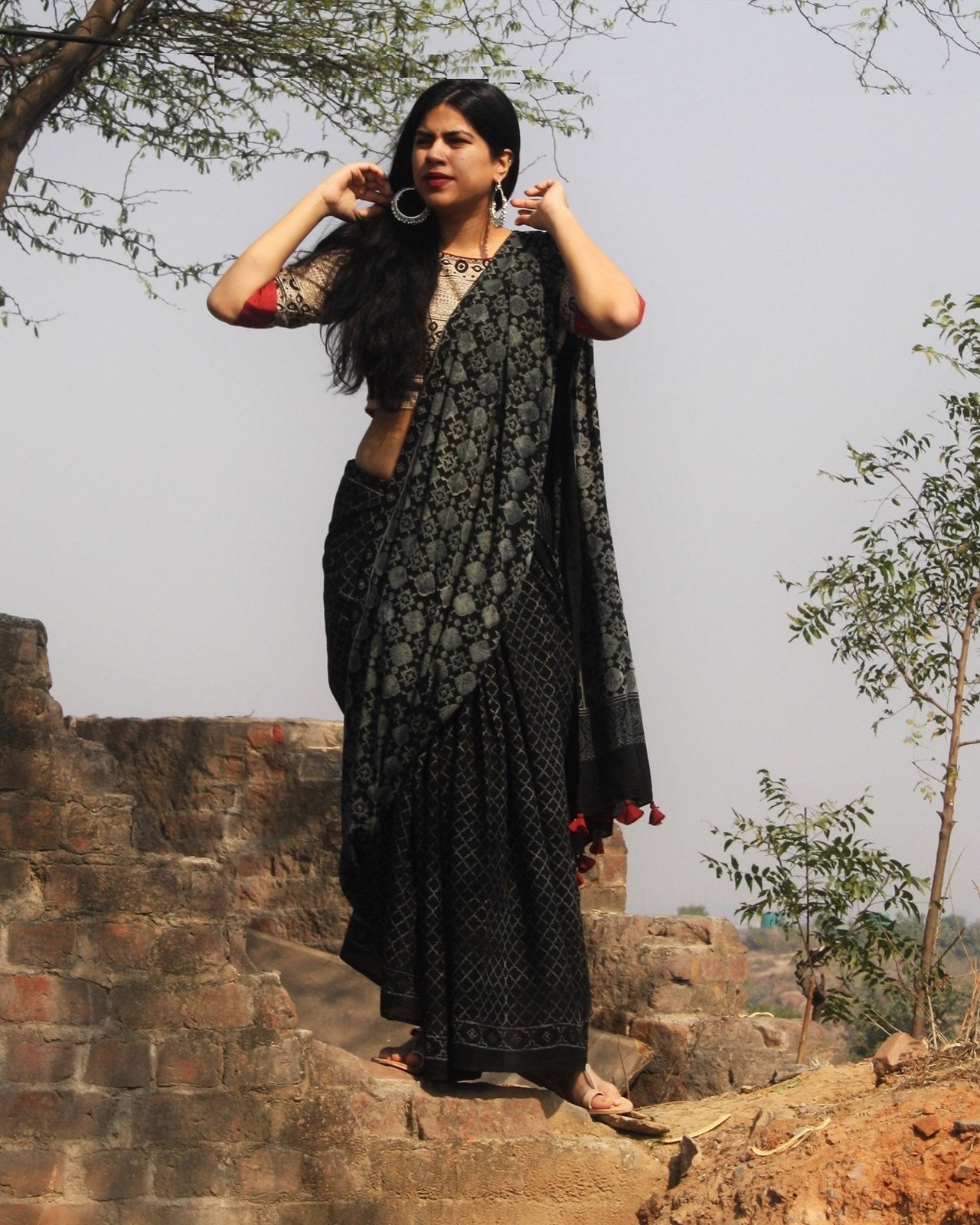 Black Block Printed Cotton Mul Saree