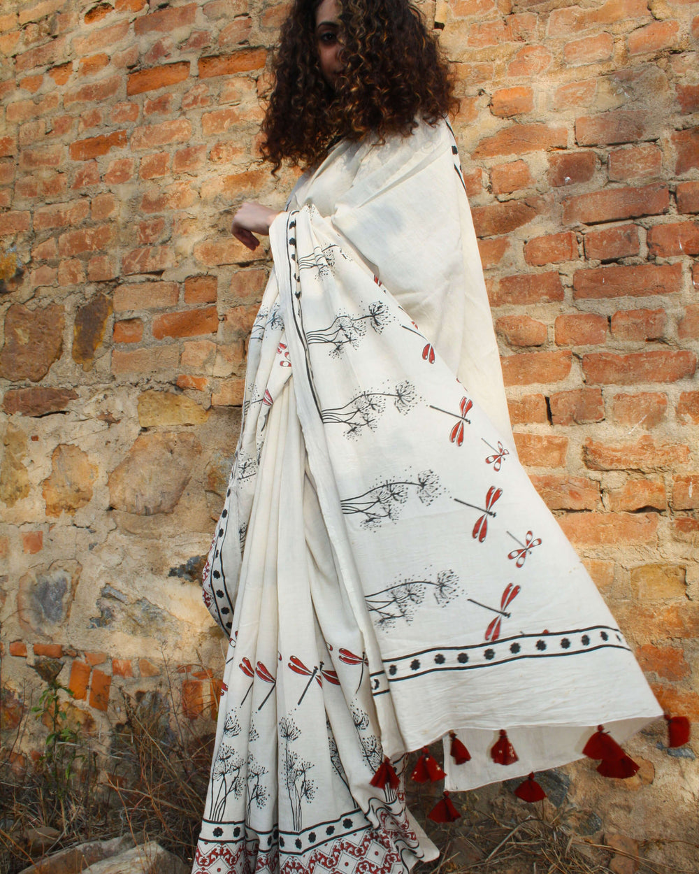 Ivory Dragonfly Block Printed Cotton Mul Saree