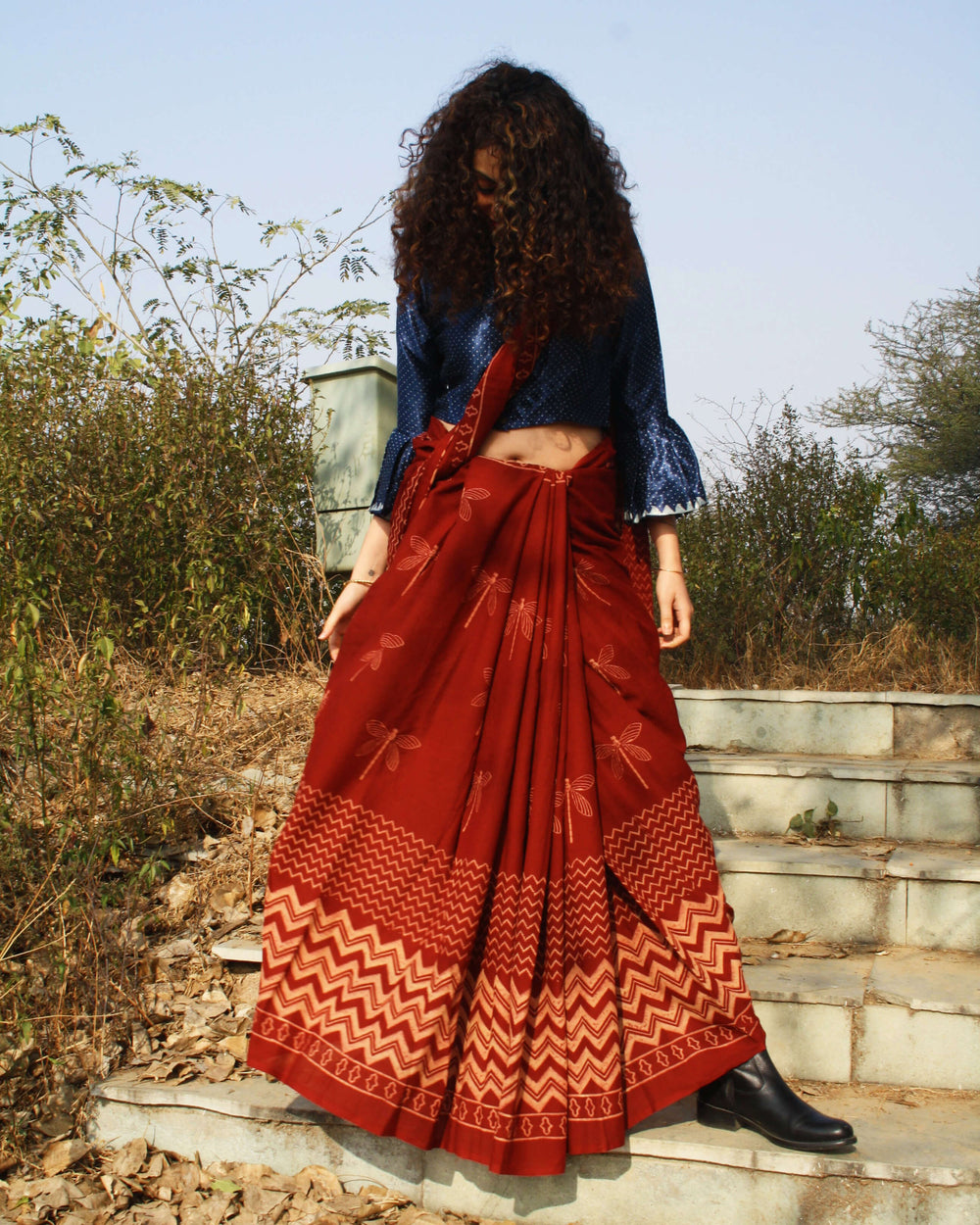 Maroon Dragonfly Block Printed Cotton Mul Saree