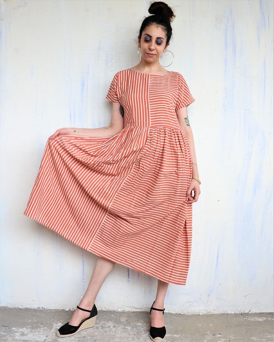 RUST STRIP BLOCKPRINTED DRESS