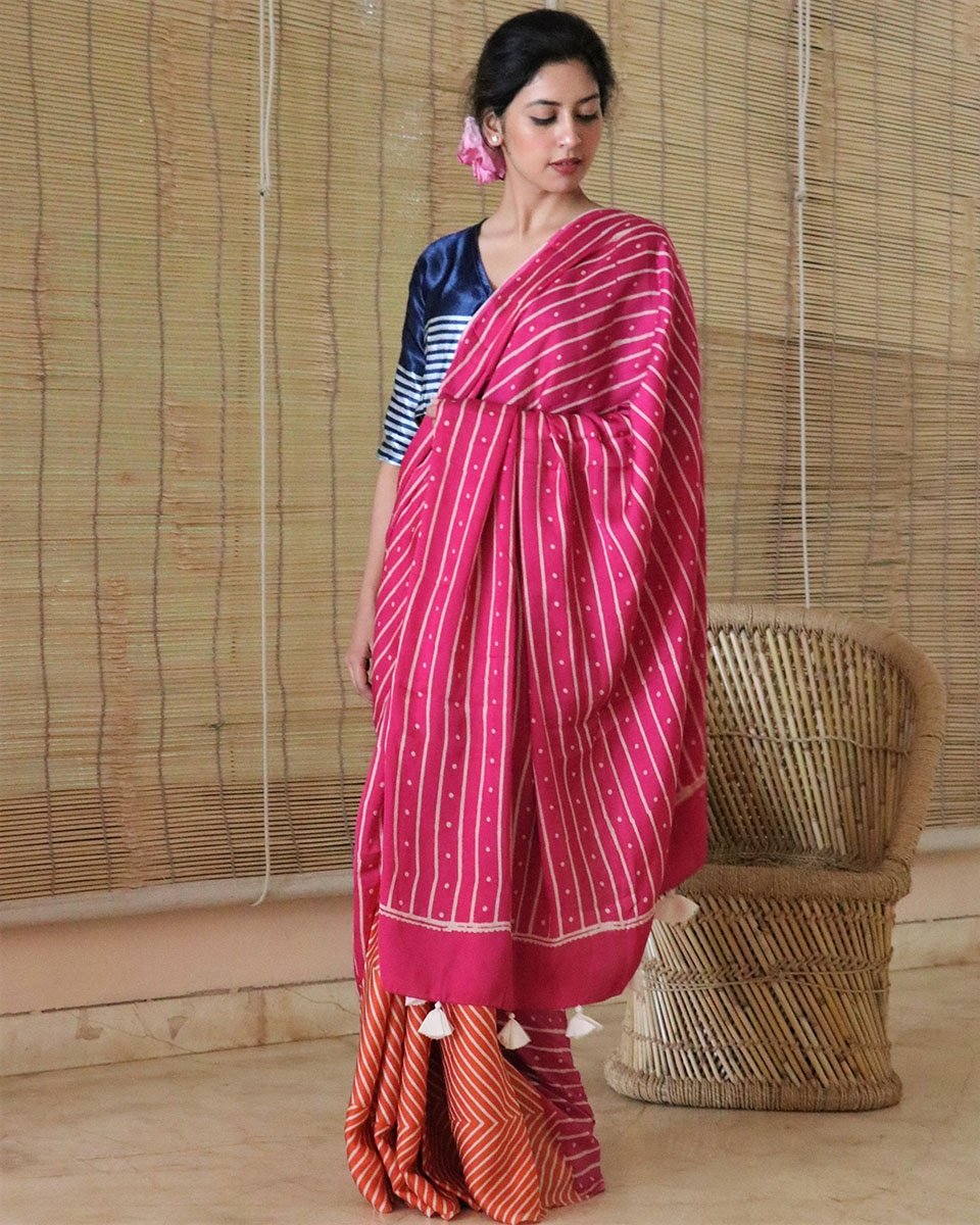 Rani-Orange Green BlockPrinted Modal Silk Saree