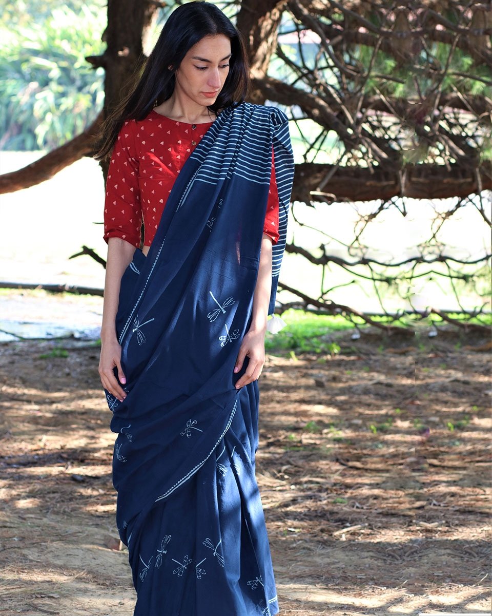 Blue Dragonfly Blockprinted Cotton Mul Saree