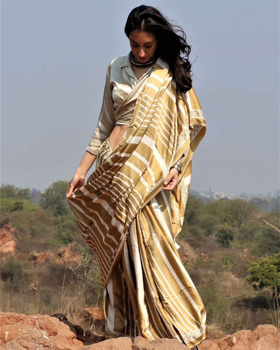 Mustard blockprinted modal silk saree