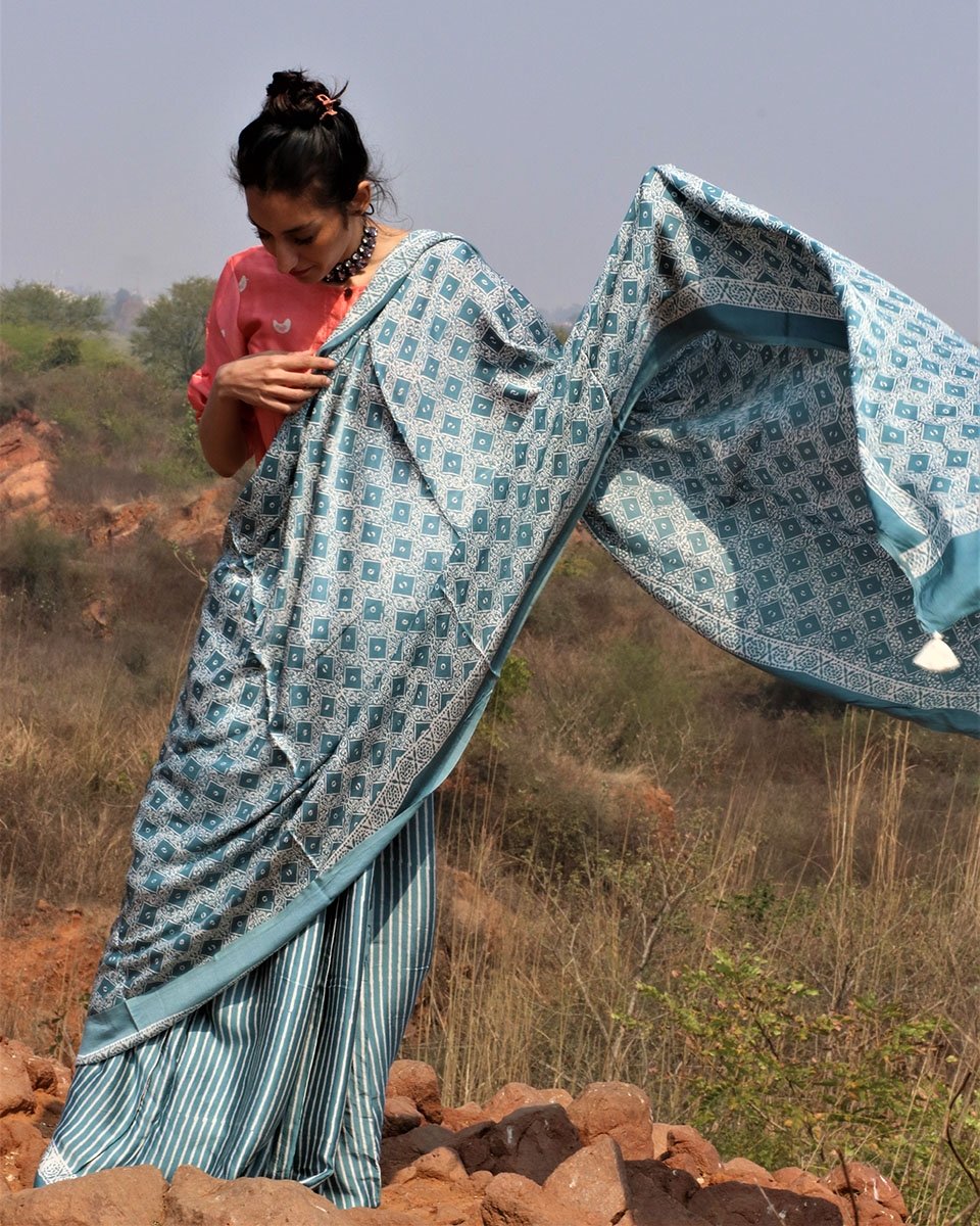 Sea blue blockprinted modal silk saree