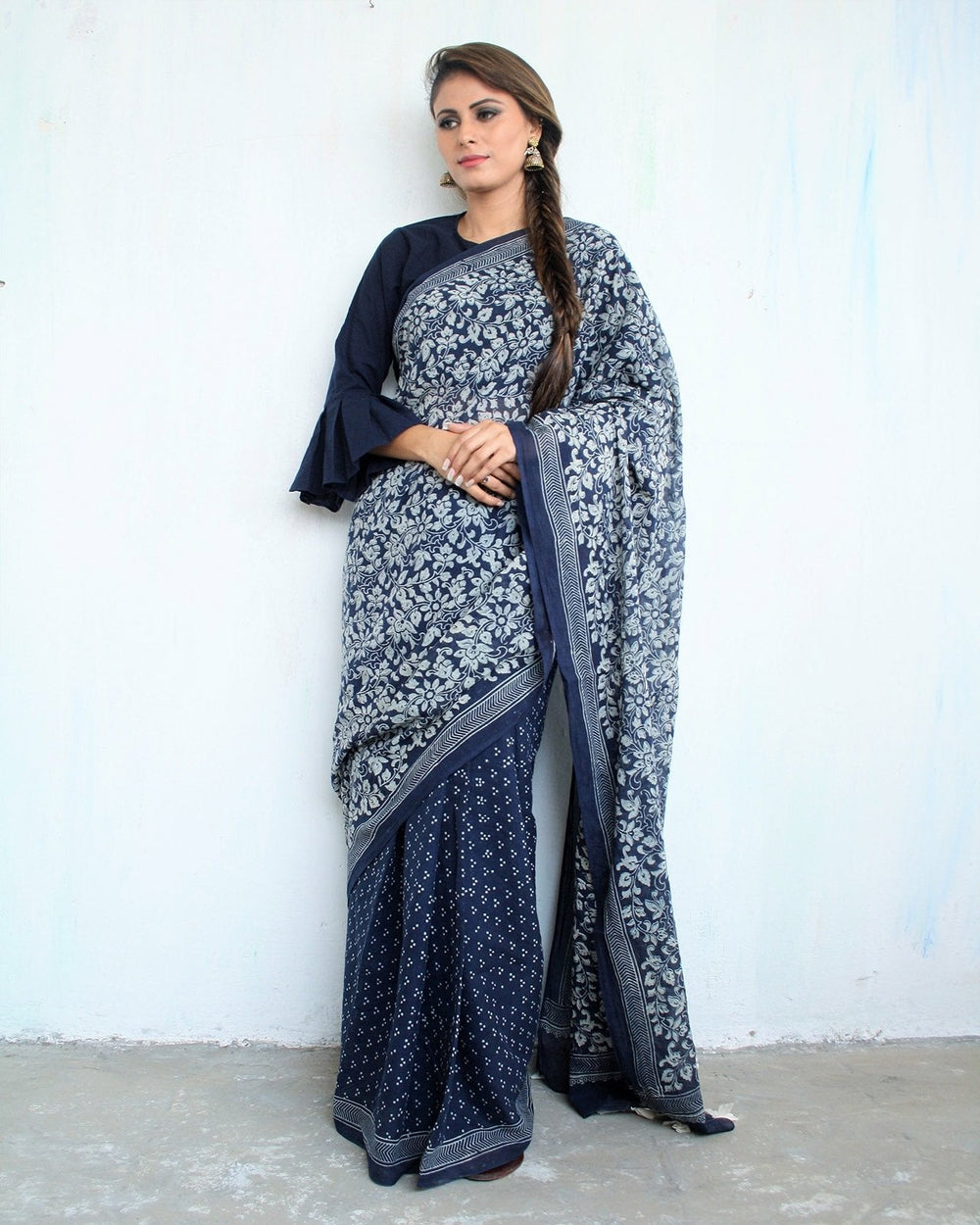 Blue Block Printed Cotton Mul Saree
